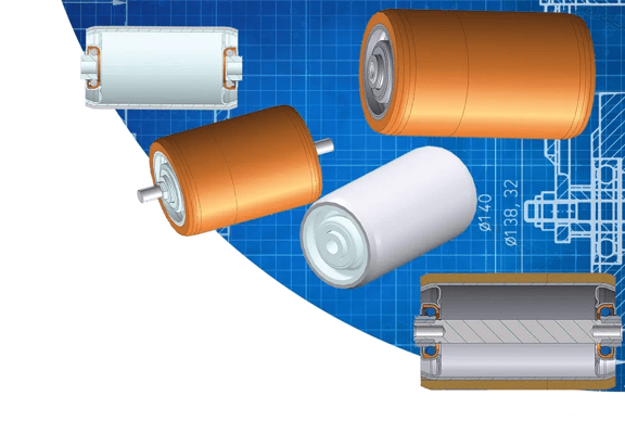weiche Tragrollen mit PVC-Beschichtung oder aufgepresstem Vulkollan®Rohr von Schwalb, Schnitt durch eine Tragrolle, technischer Hintergrund